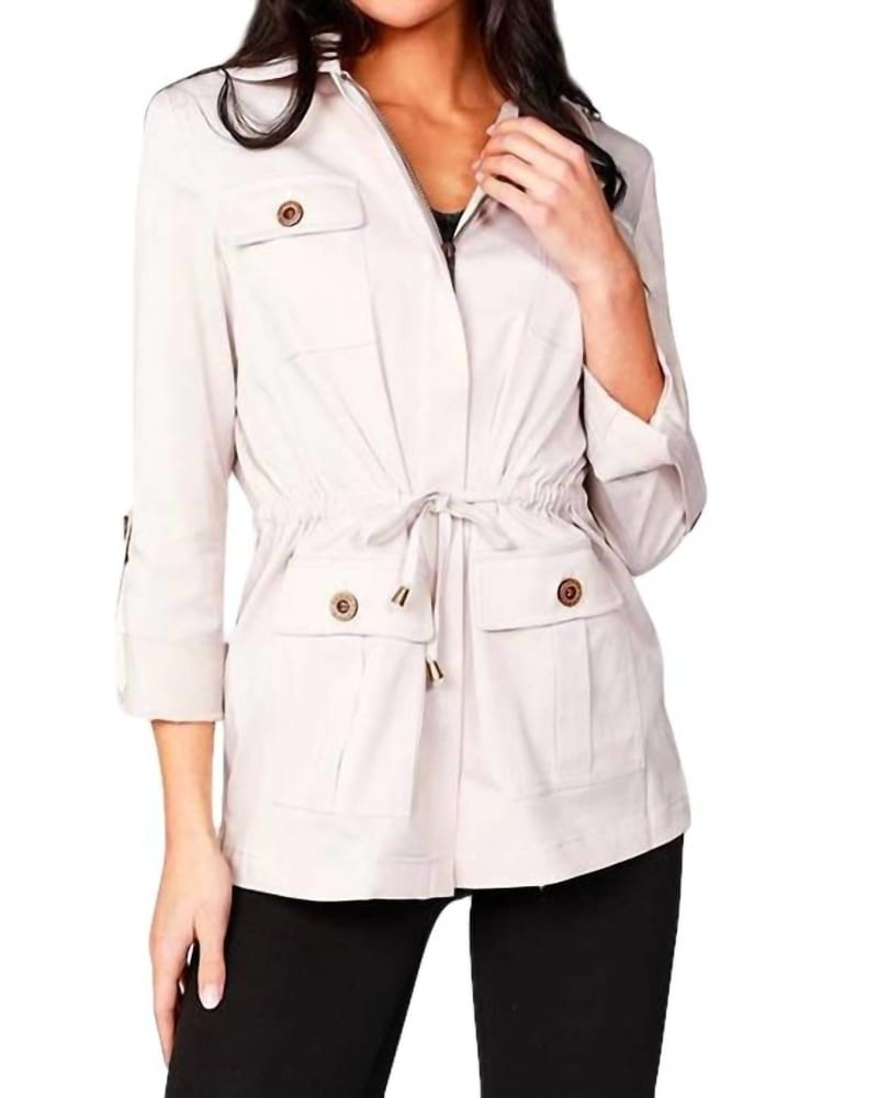 Front of a model wearing a size 2X Zip-Up Pocket Anorak in Cream in Cream by ANGEL. | dia_product_style_image_id:326610